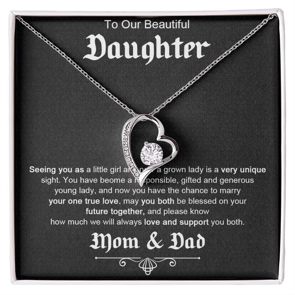 TO OUR BEAUTIFUL DAUGHTER, FOREVER LOVE NECKLACE WITH MESSAGE CARD, FROM MOM AND DAD, BIRTHDAY AND DAUGHTERS DAY GIFT FOR HER