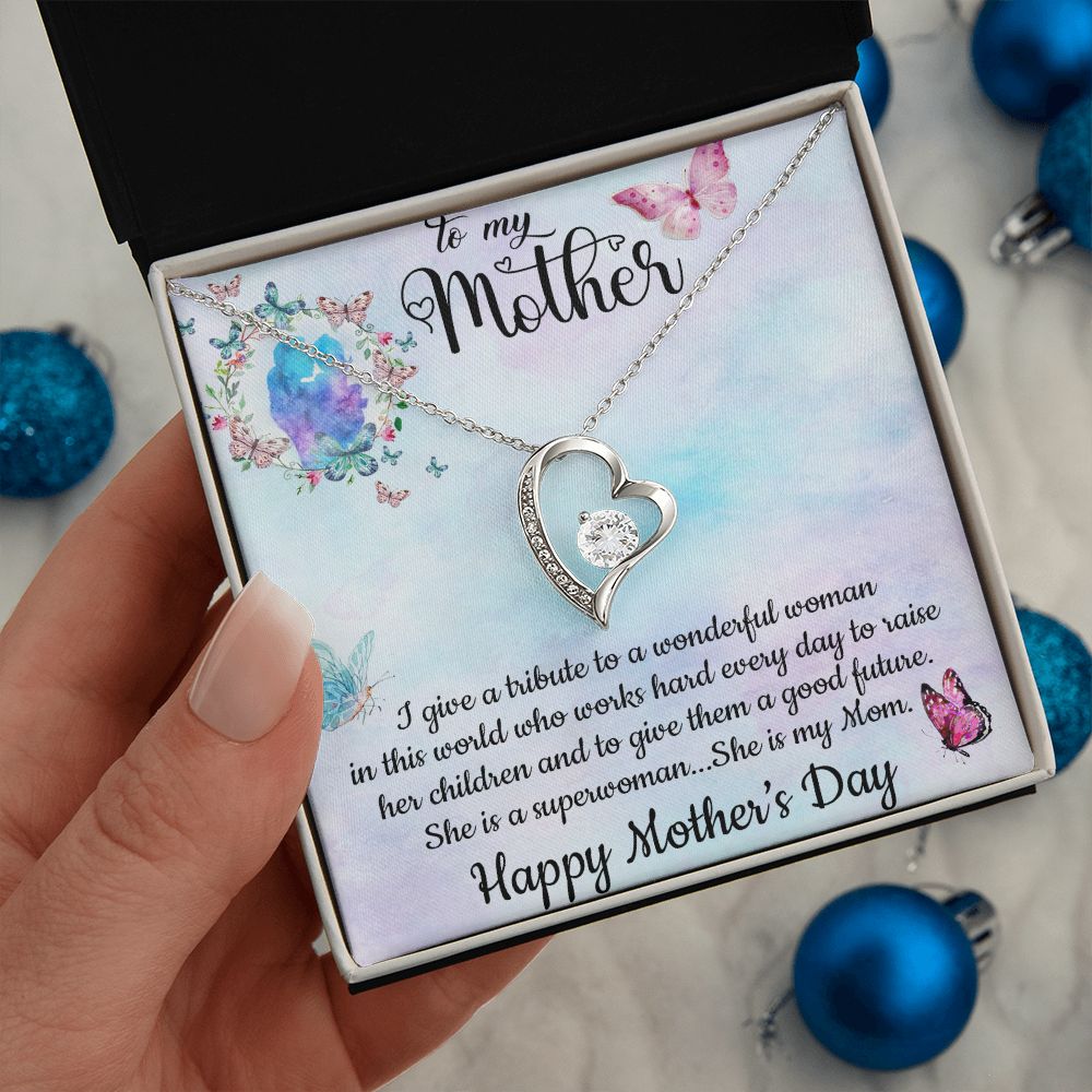 SHE IS A SUPERWOMAN, SHE IS MY MOM, FOREVER LOVE NECKLACE FOR MOM, NECKLACE WITH MESSAGE CARD, BIRTHDAY, MOTHER'S DAY GIFT FOR HER