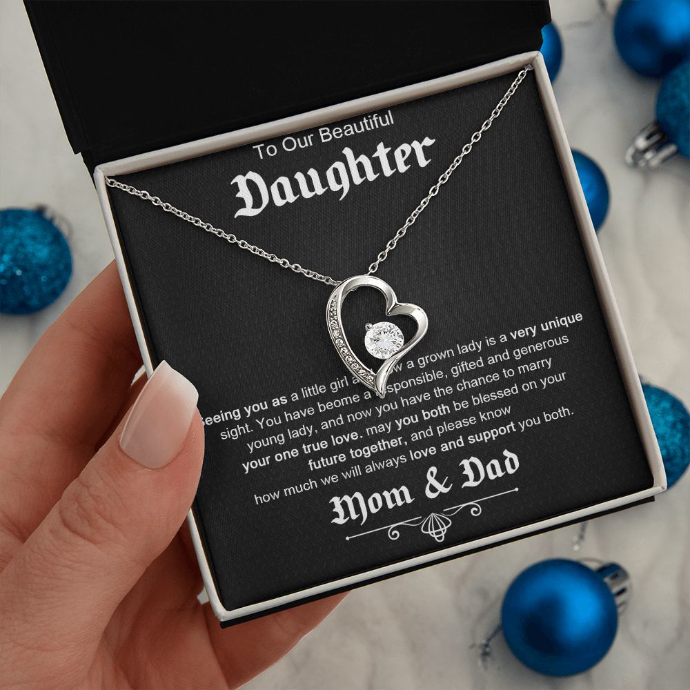 TO OUR BEAUTIFUL DAUGHTER, FOREVER LOVE NECKLACE WITH MESSAGE CARD, FROM MOM AND DAD, BIRTHDAY AND DAUGHTERS DAY GIFT FOR HER