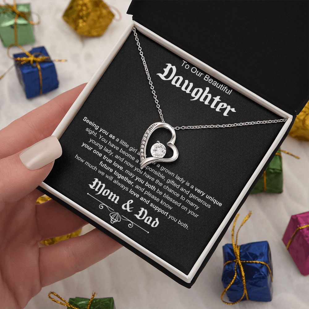 TO OUR BEAUTIFUL DAUGHTER, FOREVER LOVE NECKLACE WITH MESSAGE CARD, FROM MOM AND DAD, BIRTHDAY AND DAUGHTERS DAY GIFT FOR HER