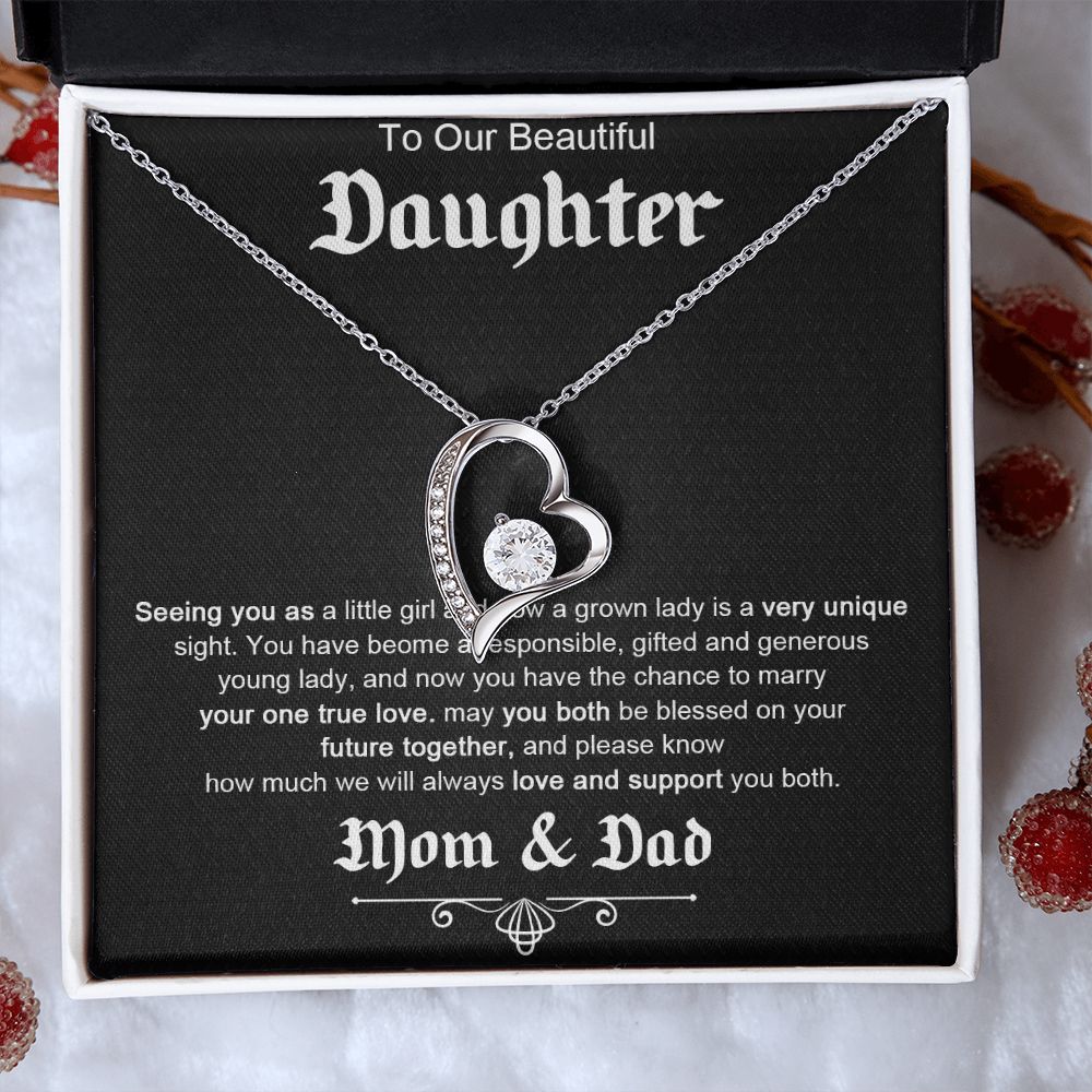 TO OUR BEAUTIFUL DAUGHTER, FOREVER LOVE NECKLACE WITH MESSAGE CARD, FROM MOM AND DAD, BIRTHDAY AND DAUGHTERS DAY GIFT FOR HER