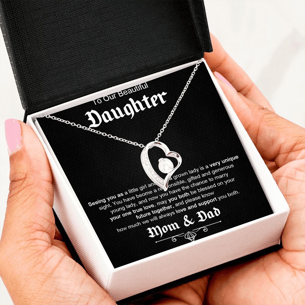 TO OUR BEAUTIFUL DAUGHTER, FOREVER LOVE NECKLACE WITH MESSAGE CARD, FROM MOM AND DAD, BIRTHDAY AND DAUGHTERS DAY GIFT FOR HER