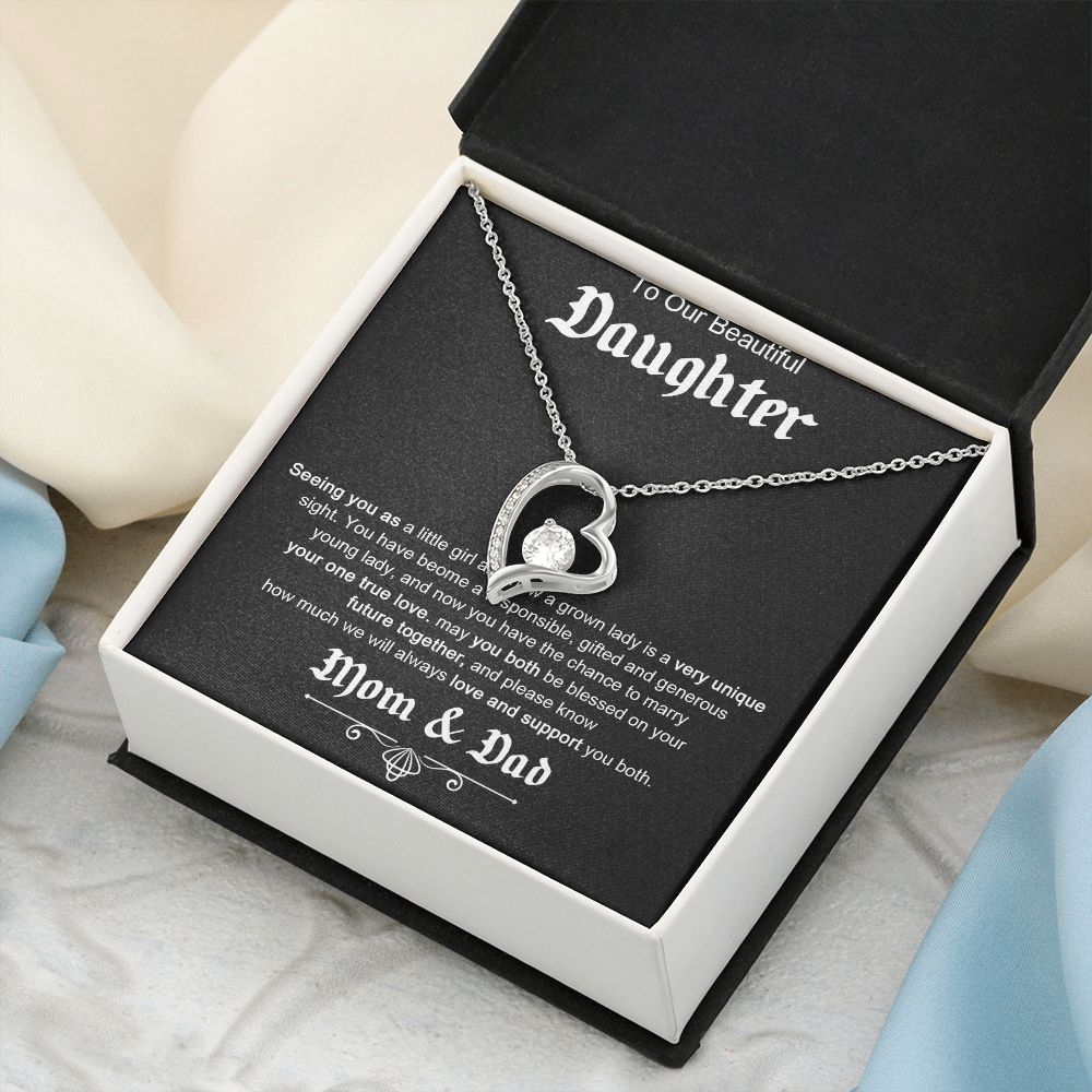 TO OUR BEAUTIFUL DAUGHTER, FOREVER LOVE NECKLACE WITH MESSAGE CARD, FROM MOM AND DAD, BIRTHDAY AND DAUGHTERS DAY GIFT FOR HER