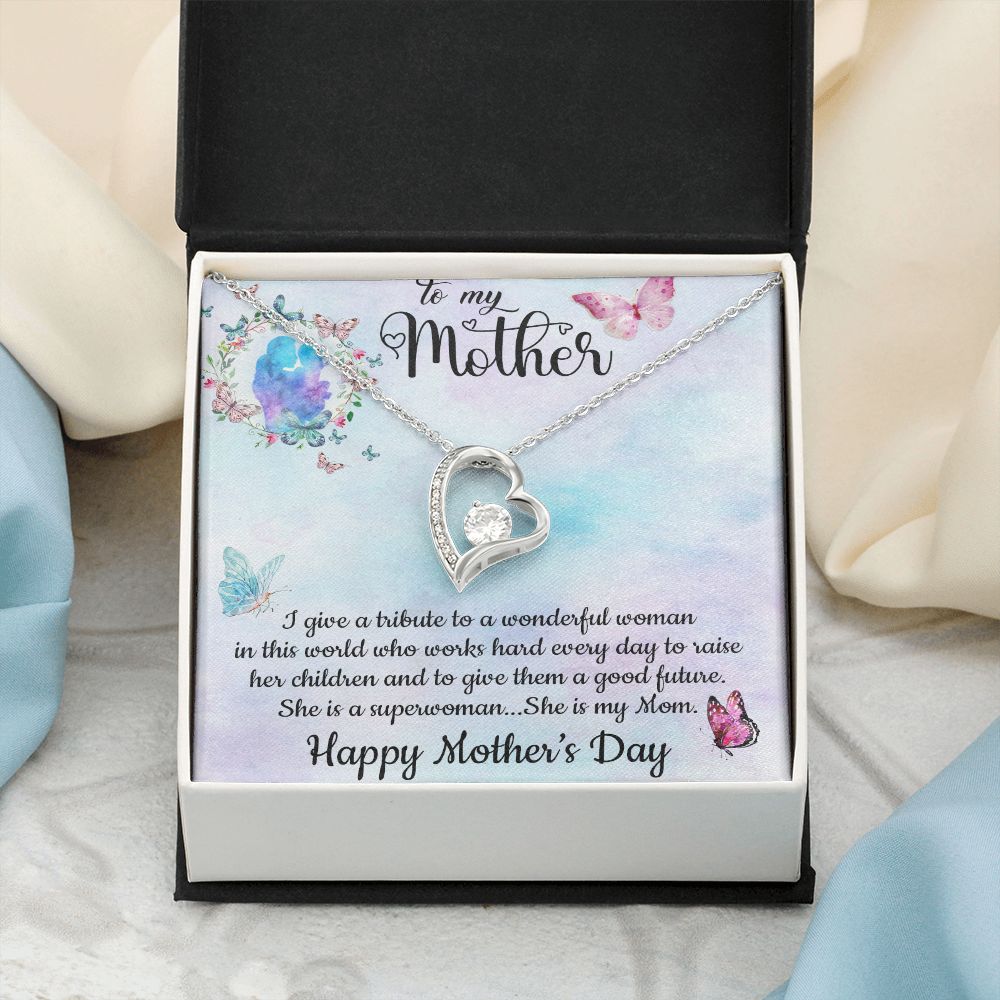SHE IS A SUPERWOMAN, SHE IS MY MOM, FOREVER LOVE NECKLACE FOR MOM, NECKLACE WITH MESSAGE CARD, BIRTHDAY, MOTHER'S DAY GIFT FOR HER