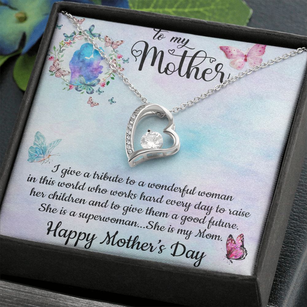 SHE IS A SUPERWOMAN, SHE IS MY MOM, FOREVER LOVE NECKLACE FOR MOM, NECKLACE WITH MESSAGE CARD, BIRTHDAY, MOTHER'S DAY GIFT FOR HER