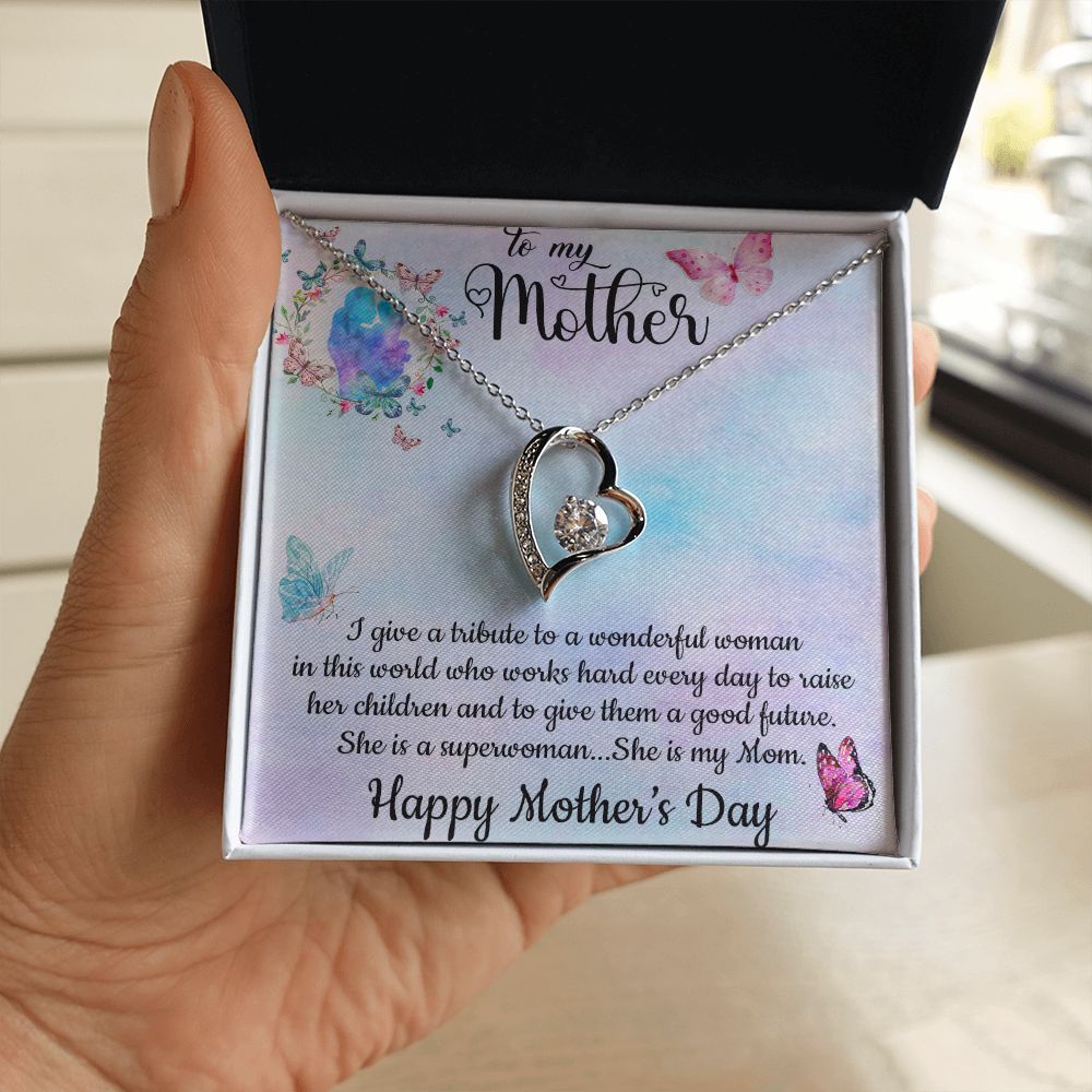 SHE IS A SUPERWOMAN, SHE IS MY MOM, FOREVER LOVE NECKLACE FOR MOM, NECKLACE WITH MESSAGE CARD, BIRTHDAY, MOTHER'S DAY GIFT FOR HER