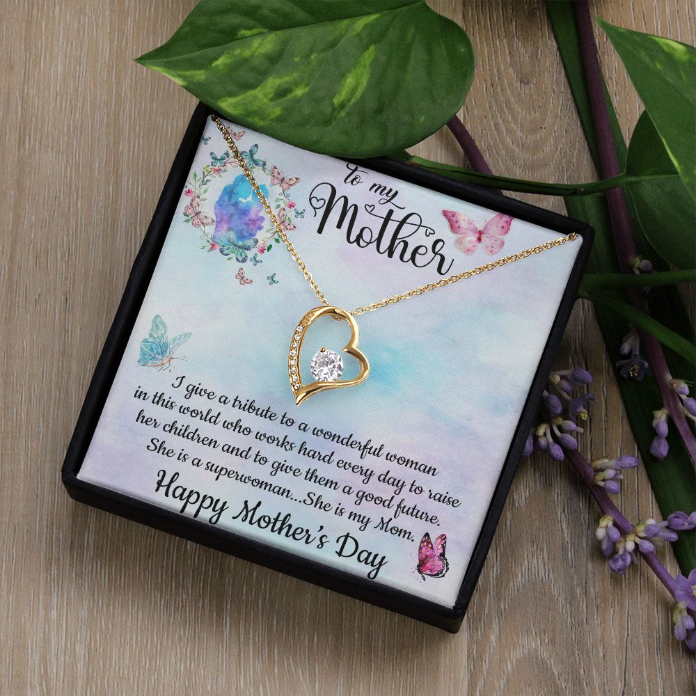 SHE IS A SUPERWOMAN, SHE IS MY MOM, FOREVER LOVE NECKLACE FOR MOM, NECKLACE WITH MESSAGE CARD, BIRTHDAY, MOTHER'S DAY GIFT FOR HER