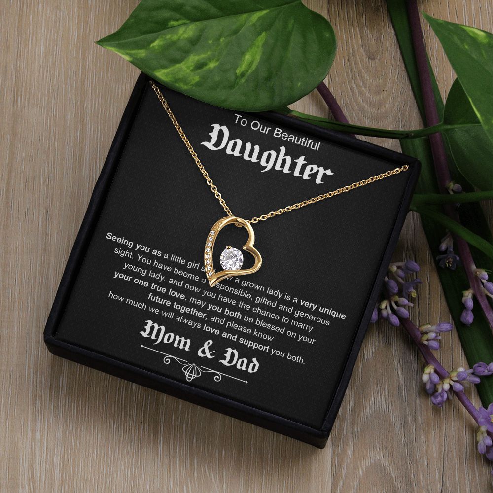 TO OUR BEAUTIFUL DAUGHTER, FOREVER LOVE NECKLACE WITH MESSAGE CARD, FROM MOM AND DAD, BIRTHDAY AND DAUGHTERS DAY GIFT FOR HER