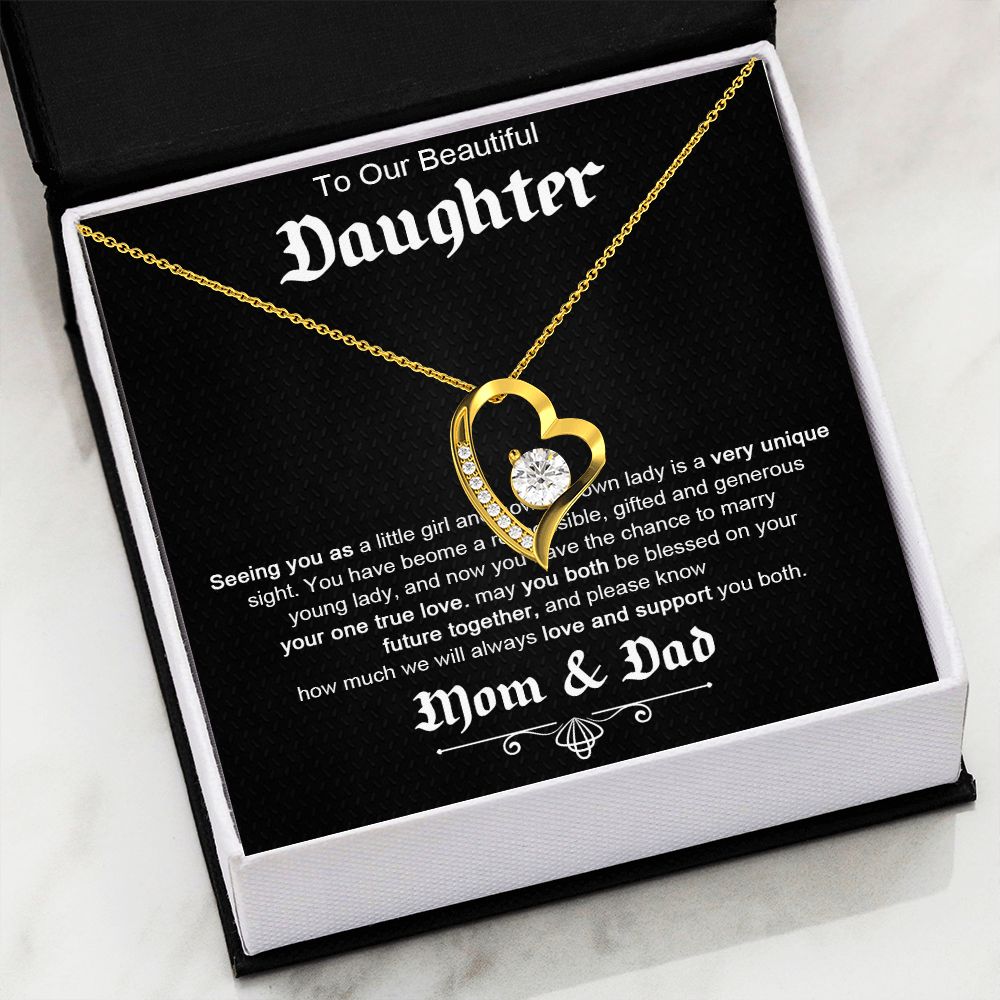 TO OUR BEAUTIFUL DAUGHTER, FOREVER LOVE NECKLACE WITH MESSAGE CARD, FROM MOM AND DAD, BIRTHDAY AND DAUGHTERS DAY GIFT FOR HER