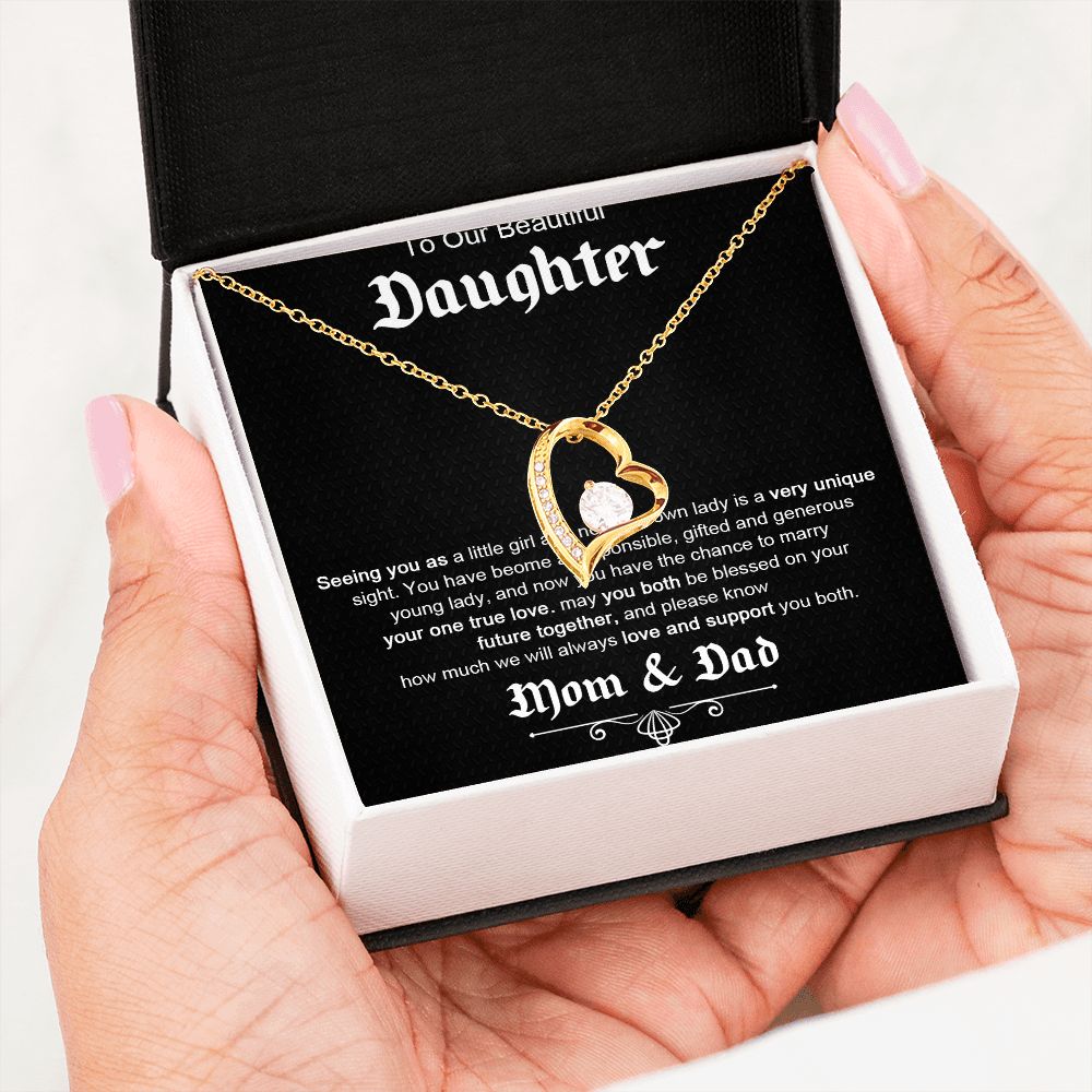 TO OUR BEAUTIFUL DAUGHTER, FOREVER LOVE NECKLACE WITH MESSAGE CARD, FROM MOM AND DAD, BIRTHDAY AND DAUGHTERS DAY GIFT FOR HER