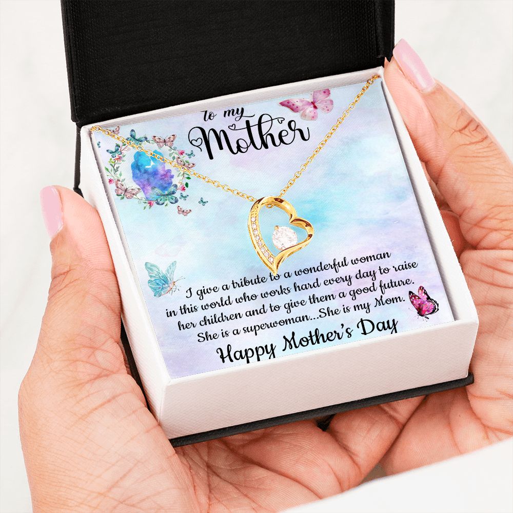 SHE IS A SUPERWOMAN, SHE IS MY MOM, FOREVER LOVE NECKLACE FOR MOM, NECKLACE WITH MESSAGE CARD, BIRTHDAY, MOTHER'S DAY GIFT FOR HER