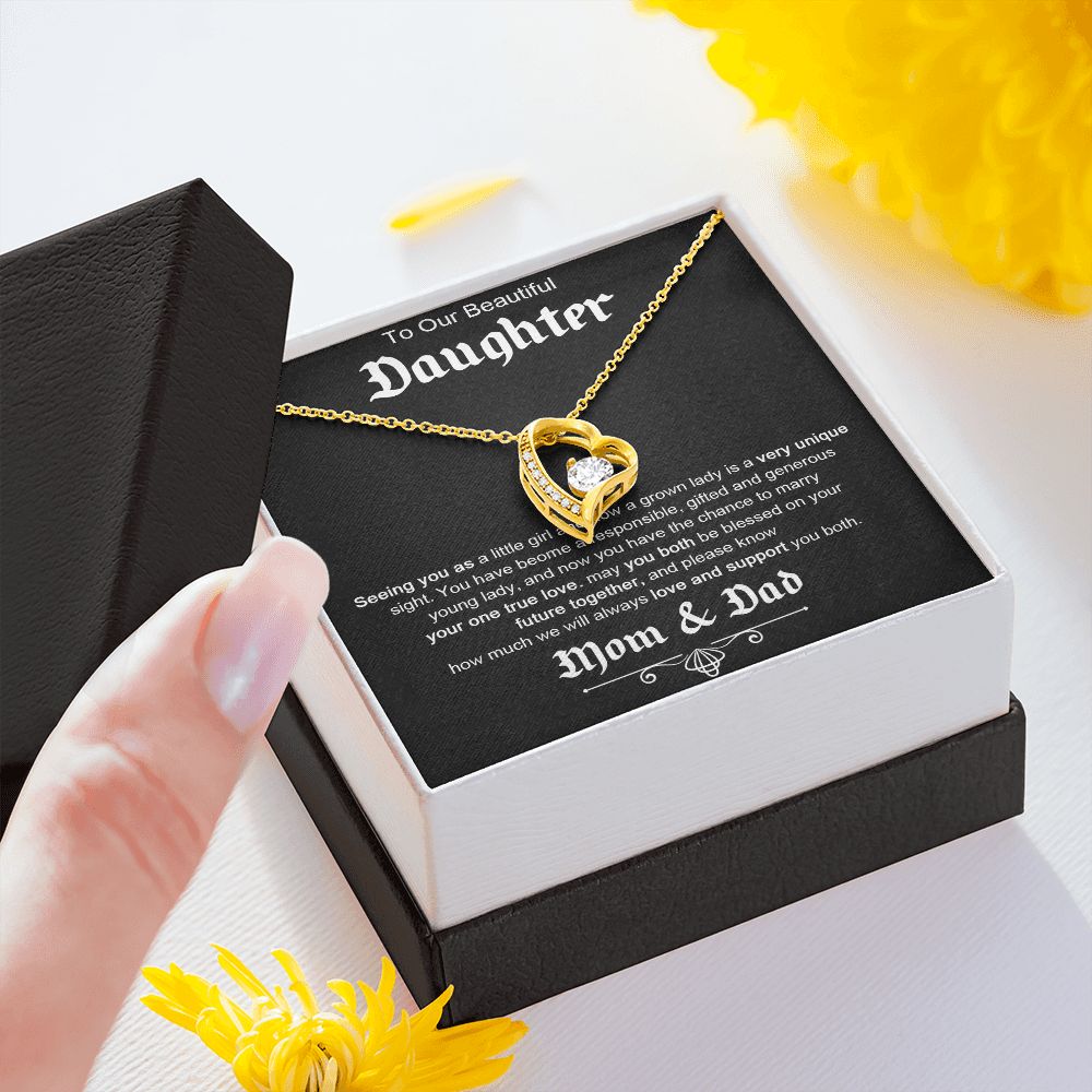 TO OUR BEAUTIFUL DAUGHTER, FOREVER LOVE NECKLACE WITH MESSAGE CARD, FROM MOM AND DAD, BIRTHDAY AND DAUGHTERS DAY GIFT FOR HER