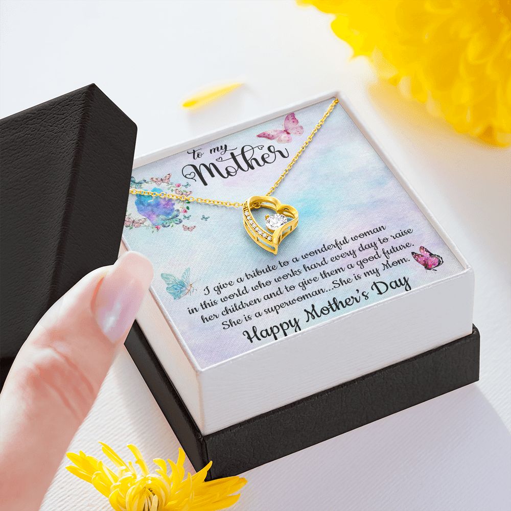 SHE IS A SUPERWOMAN, SHE IS MY MOM, FOREVER LOVE NECKLACE FOR MOM, NECKLACE WITH MESSAGE CARD, BIRTHDAY, MOTHER'S DAY GIFT FOR HER