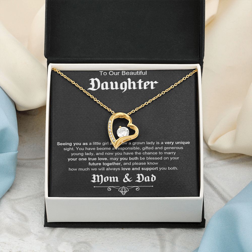 TO OUR BEAUTIFUL DAUGHTER, FOREVER LOVE NECKLACE WITH MESSAGE CARD, FROM MOM AND DAD, BIRTHDAY AND DAUGHTERS DAY GIFT FOR HER