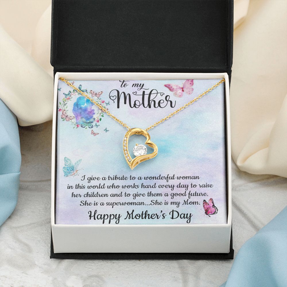 SHE IS A SUPERWOMAN, SHE IS MY MOM, FOREVER LOVE NECKLACE FOR MOM, NECKLACE WITH MESSAGE CARD, BIRTHDAY, MOTHER'S DAY GIFT FOR HER