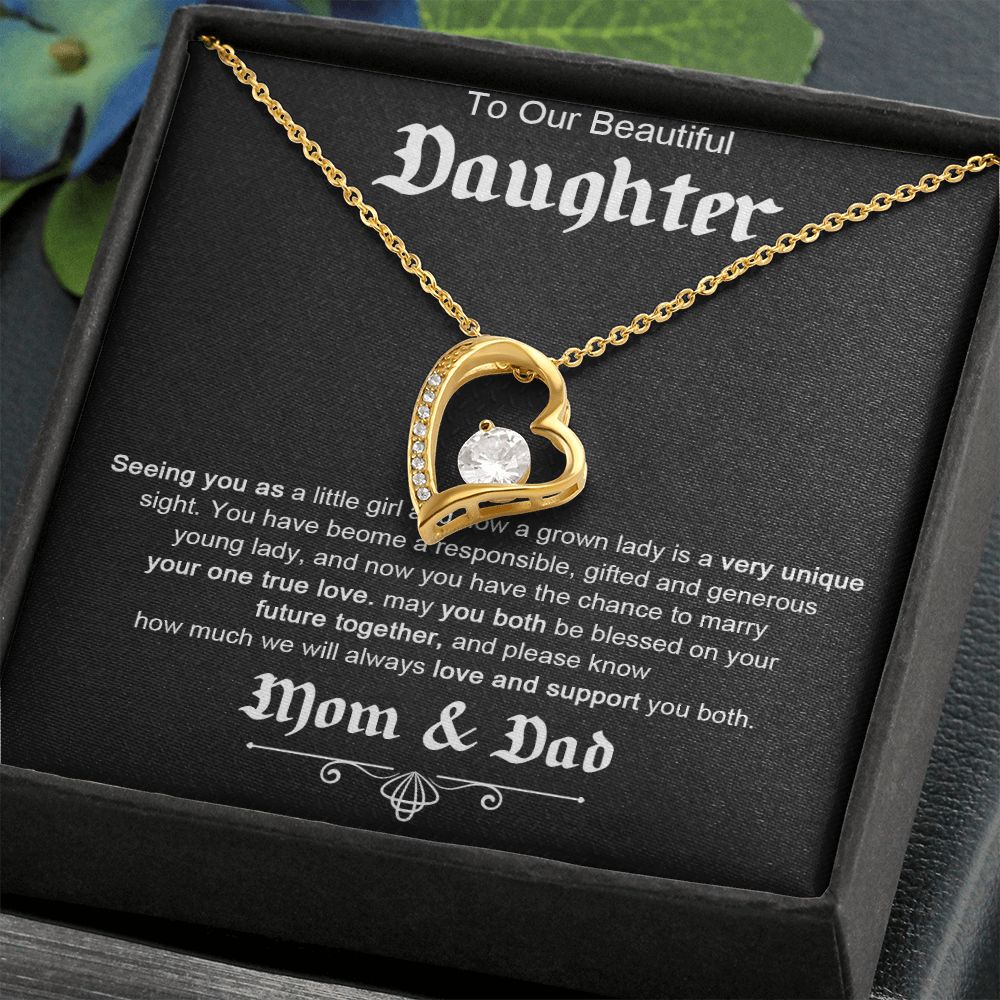 TO OUR BEAUTIFUL DAUGHTER, FOREVER LOVE NECKLACE WITH MESSAGE CARD, FROM MOM AND DAD, BIRTHDAY AND DAUGHTERS DAY GIFT FOR HER