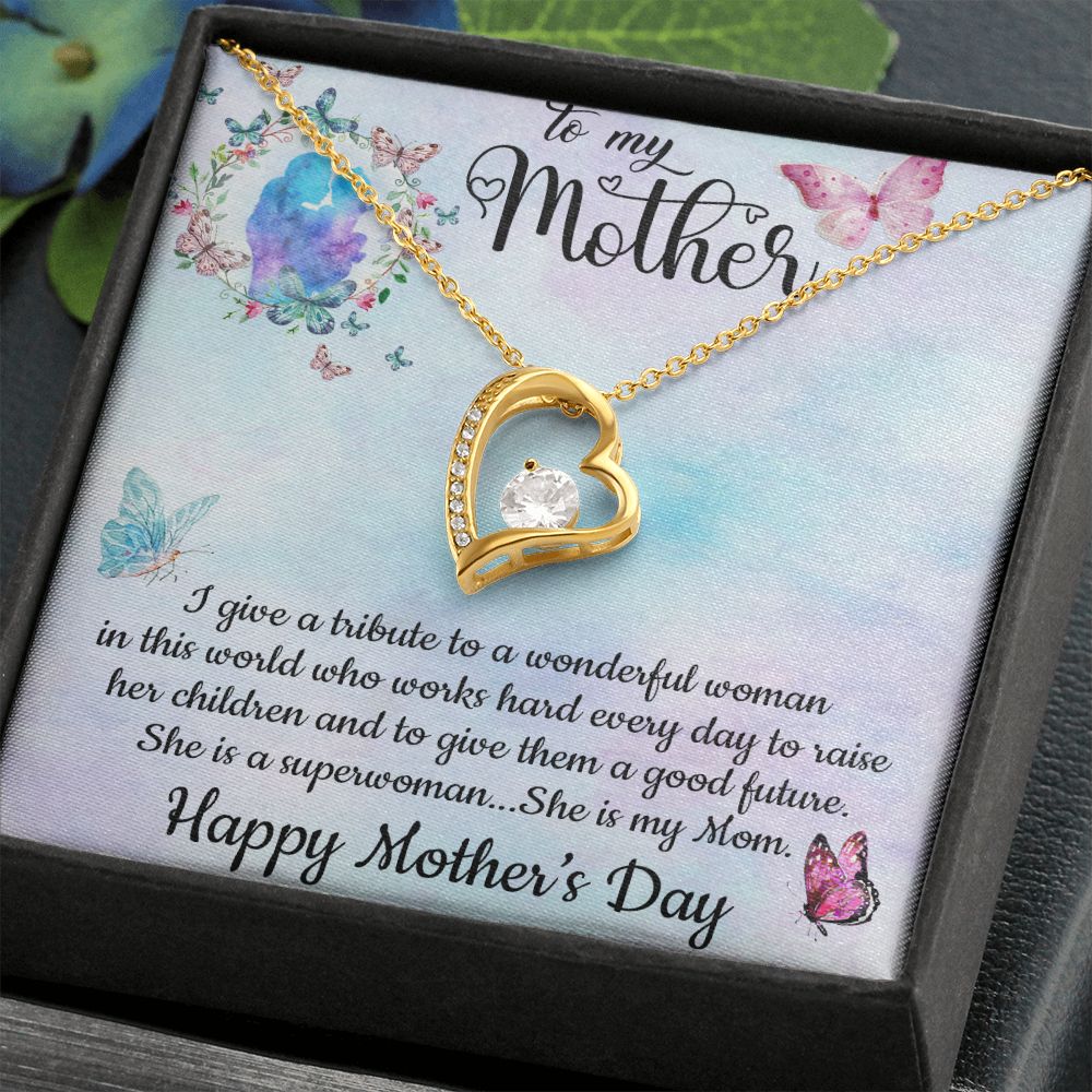 SHE IS A SUPERWOMAN, SHE IS MY MOM, FOREVER LOVE NECKLACE FOR MOM, NECKLACE WITH MESSAGE CARD, BIRTHDAY, MOTHER'S DAY GIFT FOR HER