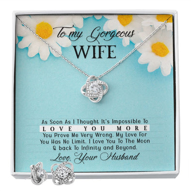 TO MY GORGEOUS WIFE, LOVE KNOTE EARRING & NECKACLE SET, BEAUTIFUL GIFT FOR HER. BIRTHDAY AND ANNIVERSARY GIFT FOR WIFE FROM HUSBAND