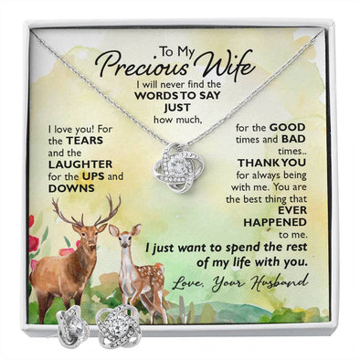 TO MY PRECIOUS WIFE, LOVE KNOT EARRING AND NECKLACE SET WITH MESSAGE CARD, UNIQUE GIFT FOR WIFE, ANNIVERSARY AND BIRTHDAY GIFT, NECKALCE JEWELLERY FOR HER FROM HUSBAND