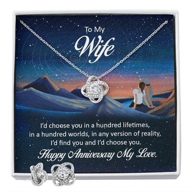 TO MY MY WIFE, LOVE KNOT EARRING AND NECKLACE SET WITH MESSAGE CARD, ANNIVERSARY GIFT FOR WIFE, NECKALCE JEWELLERY, UNIQUE GIFT FOR HER,