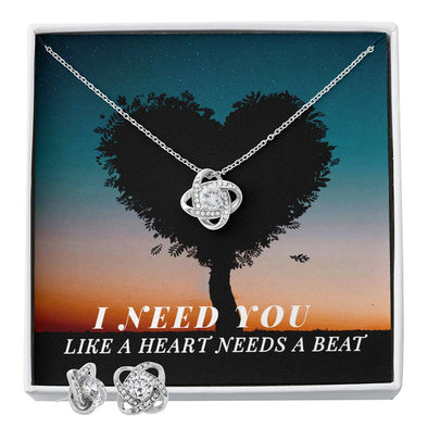 I NEED YOU, LOVE KNOT EARRING & NECKACLE SET, BIRTHDAY GIFT FOR HER WITH MESSAGE CARD