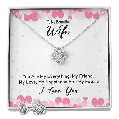 TO MY BEAUTIFUL WIFE, LOVE KNOT EARRING AND NECKLACE SET WITH MESSAGE CARD, ANNIVERSARY AND BIRTHDAY GIFT FOR WIFE, UNIQUE GIFT FOR HER