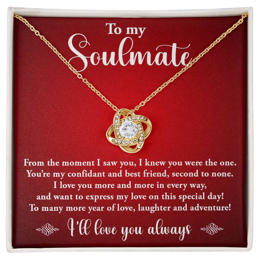 TO MY SOULMATE, LOVE KNOT NECKLACE, BIRTHDAY GIFT FOR HER, NECKLACE WITH MESSGAE CARD