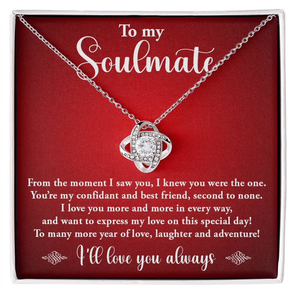 TO MY SOULMATE, LOVE KNOT NECKLACE, BIRTHDAY GIFT FOR HER, NECKLACE WITH MESSGAE CARD