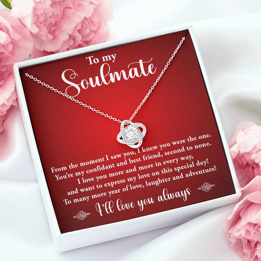 TO MY SOULMATE, LOVE KNOT NECKLACE, BIRTHDAY GIFT FOR HER, NECKLACE WITH MESSGAE CARD