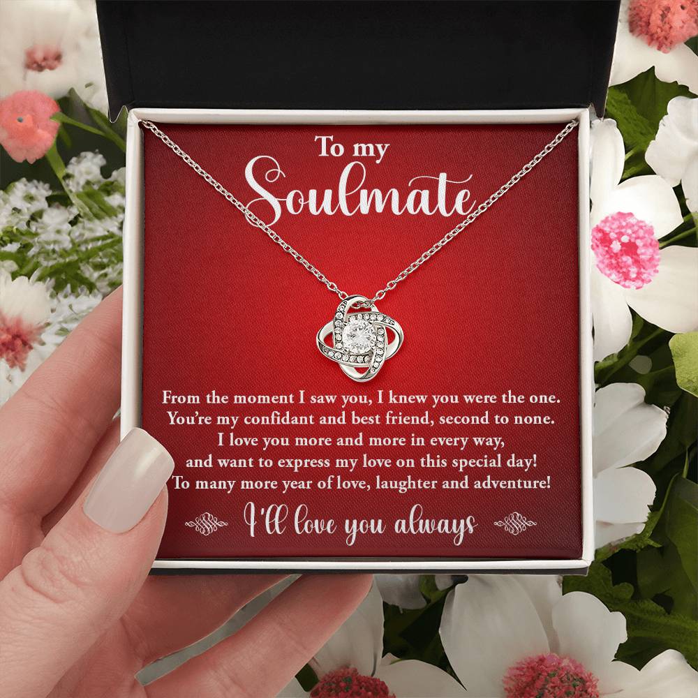 TO MY SOULMATE, LOVE KNOT NECKLACE, BIRTHDAY GIFT FOR HER, NECKLACE WITH MESSGAE CARD