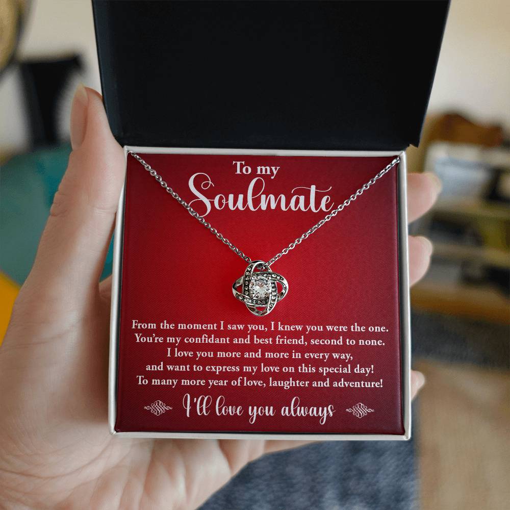 TO MY SOULMATE, LOVE KNOT NECKLACE, BIRTHDAY GIFT FOR HER, NECKLACE WITH MESSGAE CARD