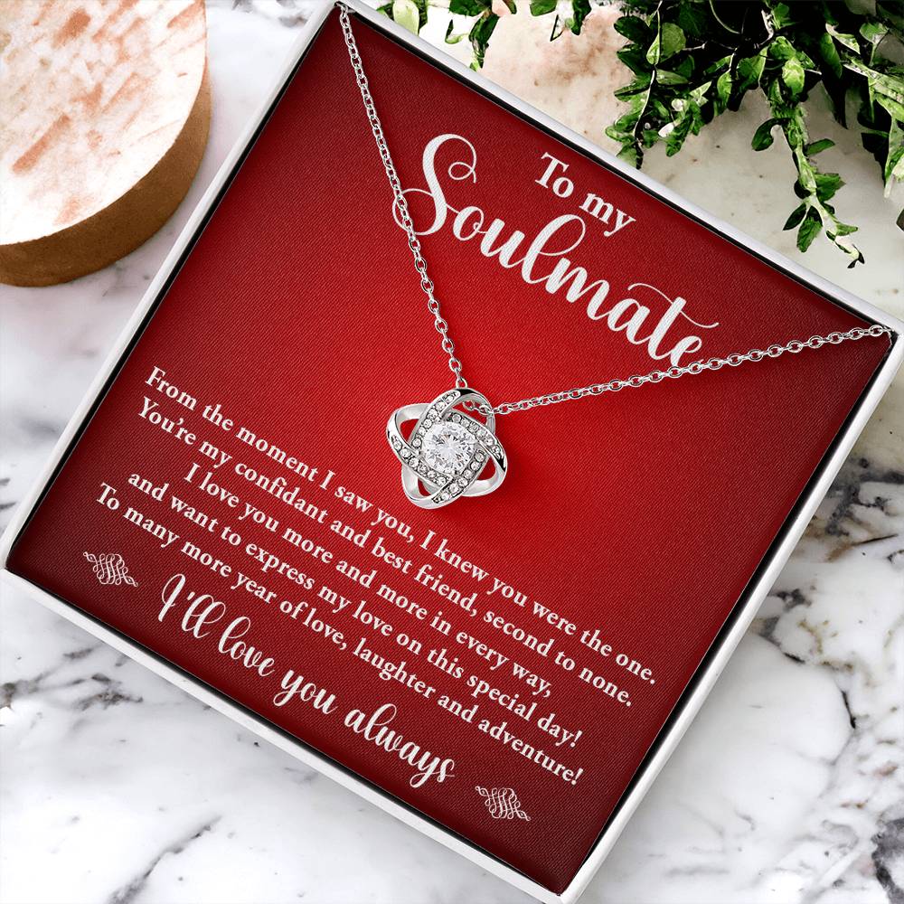 TO MY SOULMATE, LOVE KNOT NECKLACE, BIRTHDAY GIFT FOR HER, NECKLACE WITH MESSGAE CARD