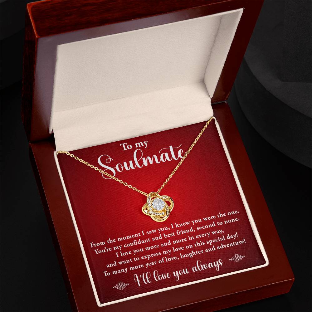 TO MY SOULMATE, LOVE KNOT NECKLACE, BIRTHDAY GIFT FOR HER, NECKLACE WITH MESSGAE CARD