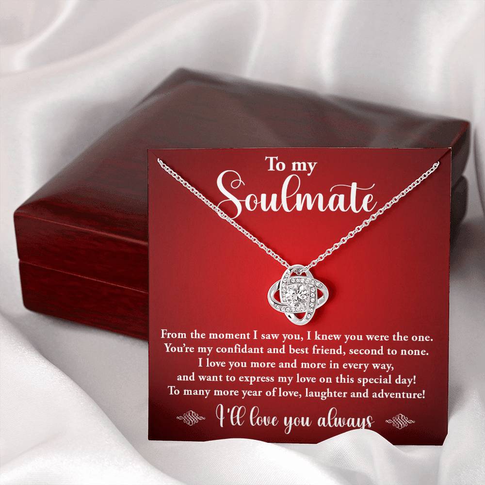 TO MY SOULMATE, LOVE KNOT NECKLACE, BIRTHDAY GIFT FOR HER, NECKLACE WITH MESSGAE CARD