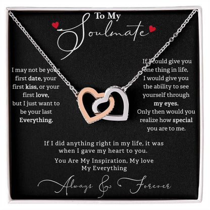 TO MY SOULMATE, INTERLOCKING HEART NECKLACE WITH MESSAGE CARD, BIRTHDAY AND ANNIVERSAY GIFT FOR HER, NECKLACE JWELERY