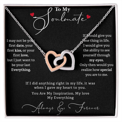 TO MY SOULMATE, INTERLOCKING HEART NECKLACE WITH MESSAGE CARD, BIRTHDAY AND ANNIVERSAY GIFT FOR HER, NECKLACE JWELERY
