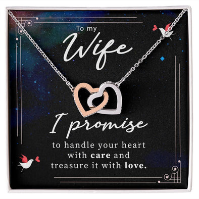 TO MY WIFE,  INTERLOCKING HEART NECKLACE WITH MESSAGE CARD, BIRTHDAY AND ANNIVERSARY GIFT FOR WIFE, NECKLACE JWELERY FOR HER