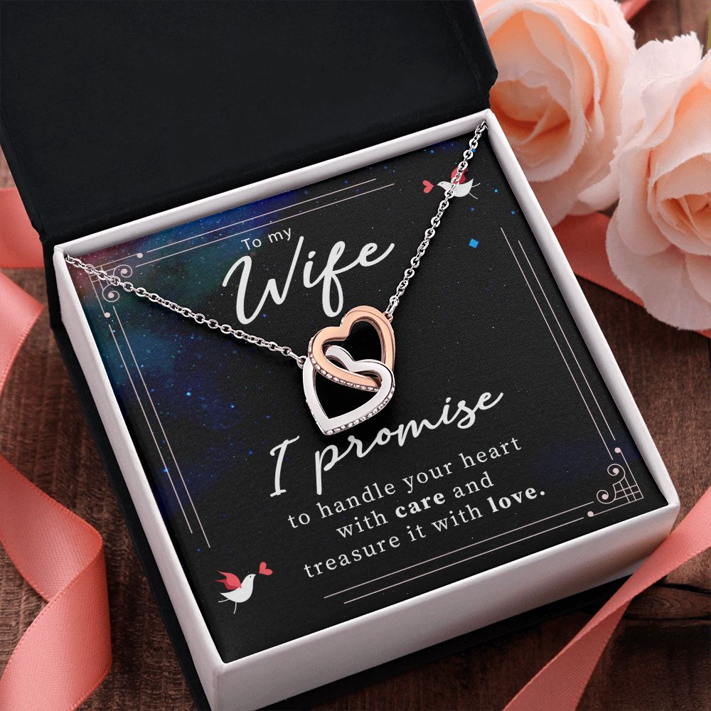 TO MY WIFE,  INTERLOCKING HEART NECKLACE WITH MESSAGE CARD, BIRTHDAY AND ANNIVERSARY GIFT FOR WIFE, NECKLACE JWELERY FOR HER