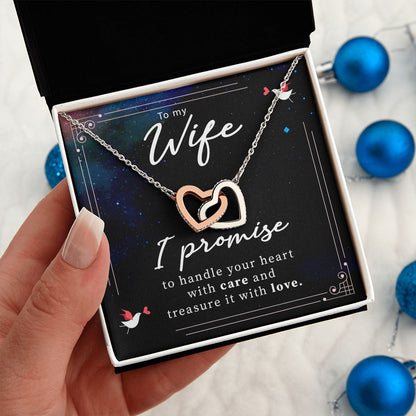 TO MY WIFE,  INTERLOCKING HEART NECKLACE WITH MESSAGE CARD, BIRTHDAY AND ANNIVERSARY GIFT FOR WIFE, NECKLACE JWELERY FOR HER