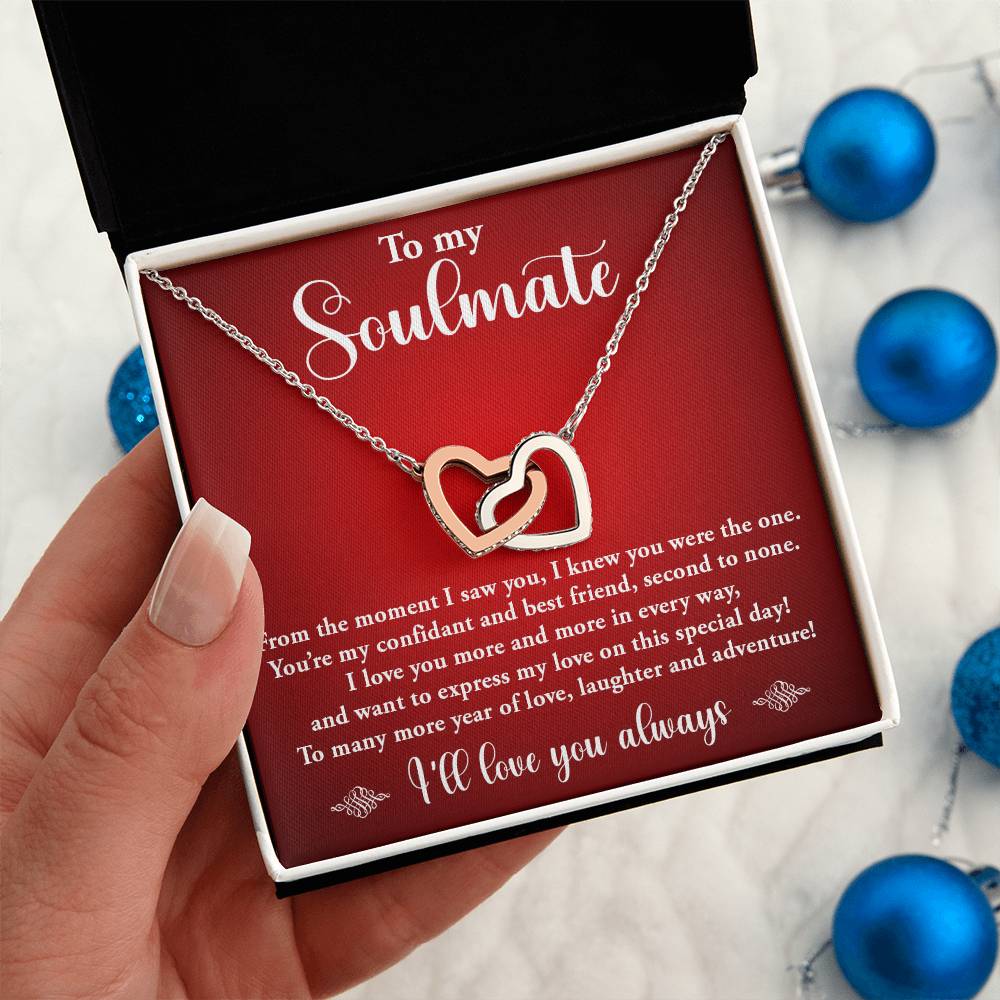 TO MY SOULMATE, INTERLOCKING HEART NECKLACE WITH MESSAGE CARD, BIRTHDAY GIFT FOR HER