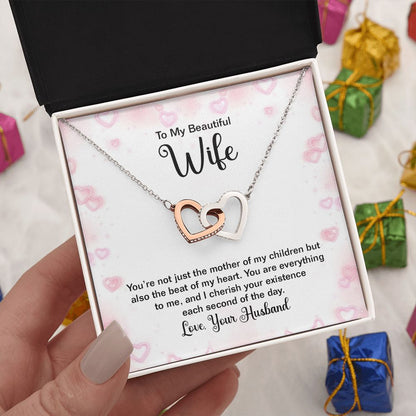 TO MY BEAUTIFUL WIFE,  INTERLOCKING HEART NECKLACE WITH MESSAGE CARD, BIRTHDAY AND ANNIVERSARY GIFT, UNIQUE GIFT FO HER, NECKLACE JWELERY