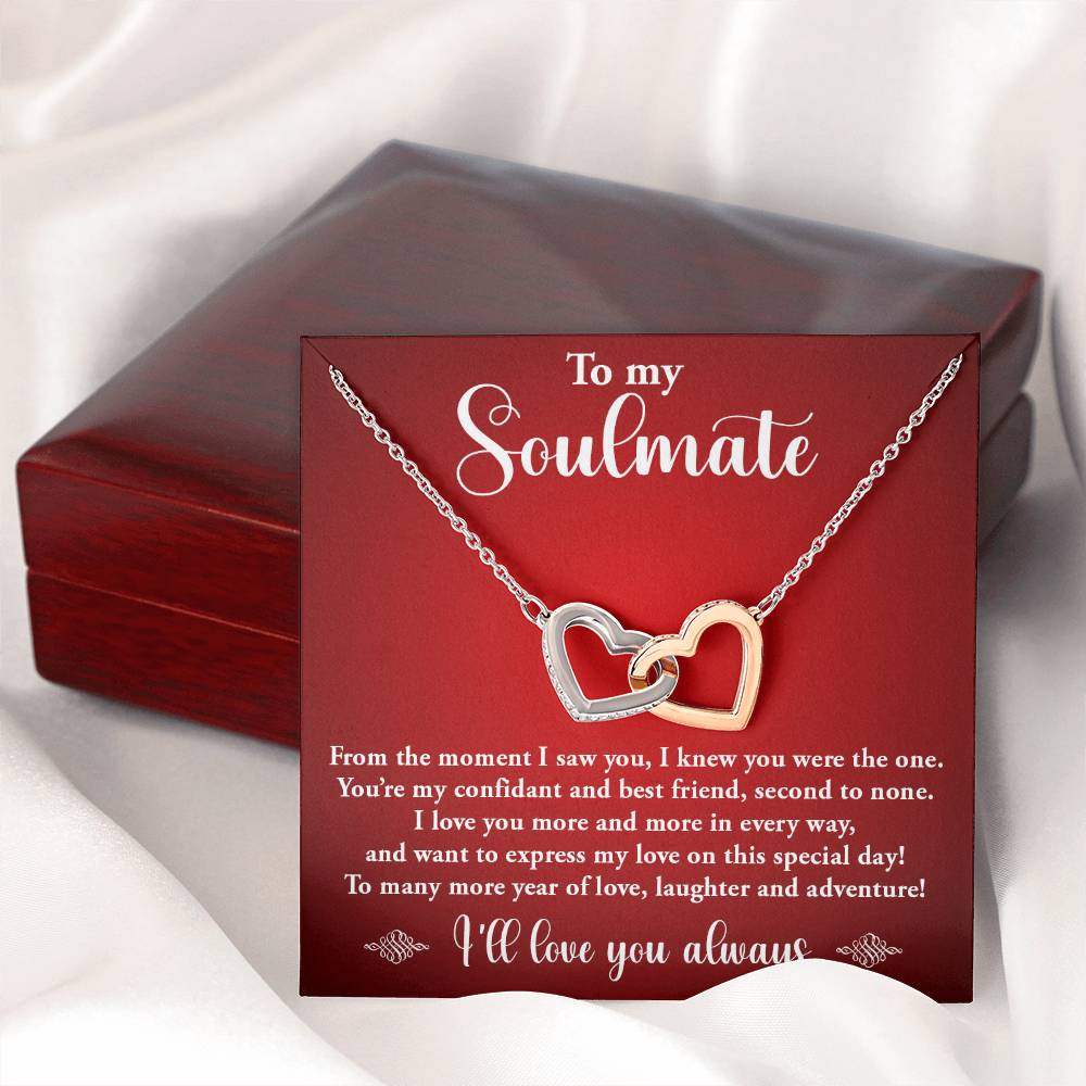 TO MY SOULMATE, INTERLOCKING HEART NECKLACE WITH MESSAGE CARD, BIRTHDAY GIFT FOR HER