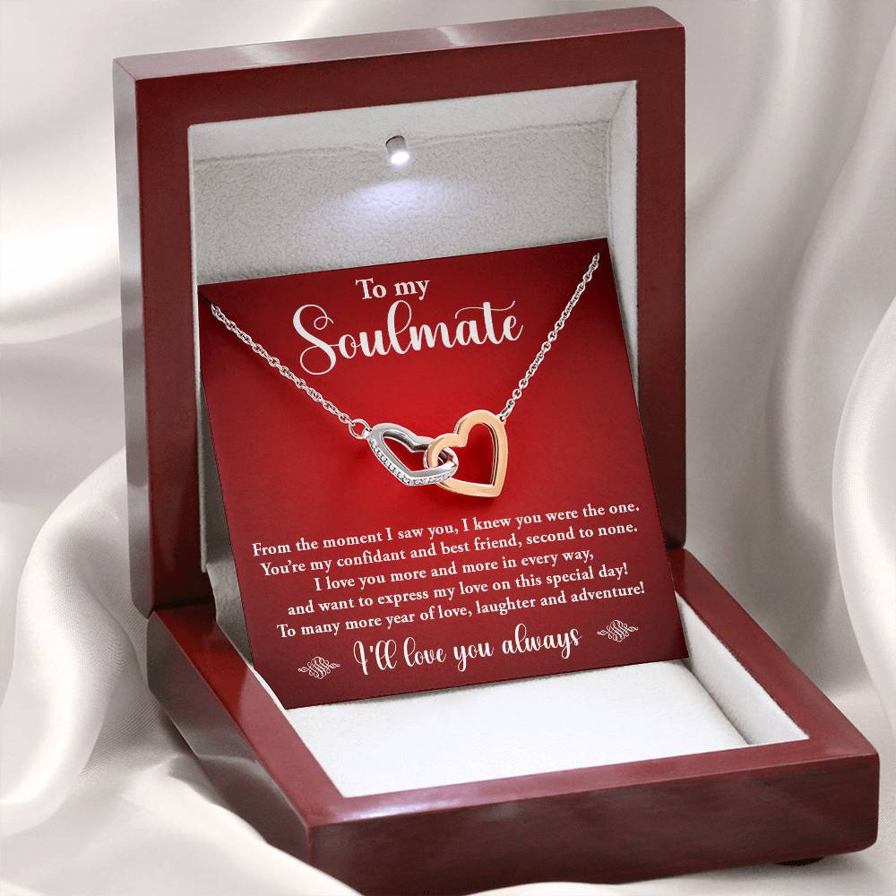 TO MY SOULMATE, INTERLOCKING HEART NECKLACE WITH MESSAGE CARD, BIRTHDAY GIFT FOR HER