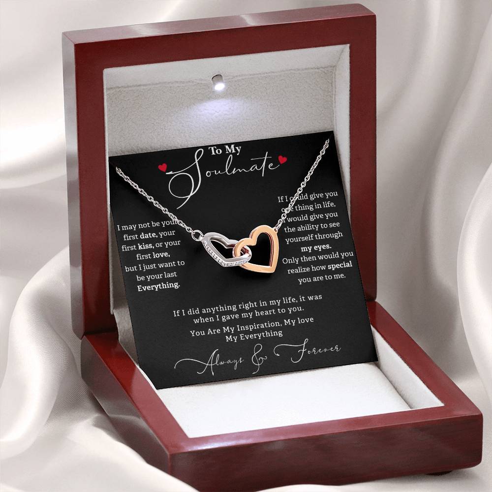 TO MY SOULMATE, INTERLOCKING HEART NECKLACE WITH MESSAGE CARD, BIRTHDAY AND ANNIVERSAY GIFT FOR HER, NECKLACE JWELERY