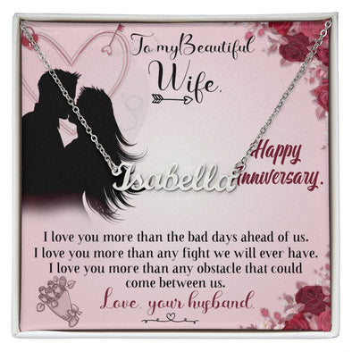 TO MY BEAUTIFUL WIFE HAPPY ANNIVERSARY, CUSTOM NAME NECKLACE, GIFT FOR HER, NECKLACE PENDANT WITH MESSAGE CARD, FOR WIFE FROM HUSBAND