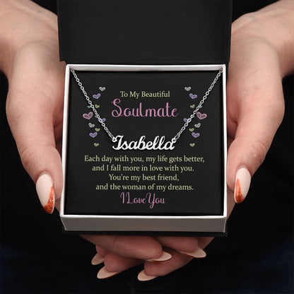 TO MY BEAUTIFUL SOULMATE, CUSTOM NAME NECKLACE, GIFT FOR HER, NECKLACE PENDANT WITH MESSAGE CARD, FOR WIFE FROM HUSBAND
