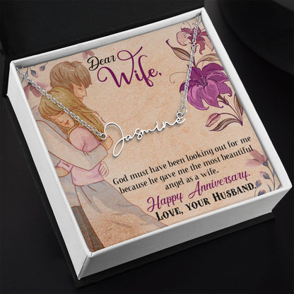 HAPPY ANNIVERSARY, SIGNATURE NAME NECKLACE, GIFT FOR HER, NECKLACE PENDANT WITH MESSAGE CARD, FOR WIFE FROM HUSBAND