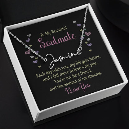 TO MY BEAUTIFUL SOULMATE, SIGNATURE NAME NECKLACE, GIFT FOR HER, NECKLACE PENDANT WITH MESSAGE CARD, FOR WIFE FROM HUSBAND