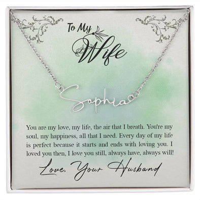 TO MY WIFE,  SIGNATURE NAME NECKLACE, BIRTHDAY GIFT FOR HER, NECKLACE PENDANT WITH MESSAGE CARD, FOR WIFE FROM HUSBAND