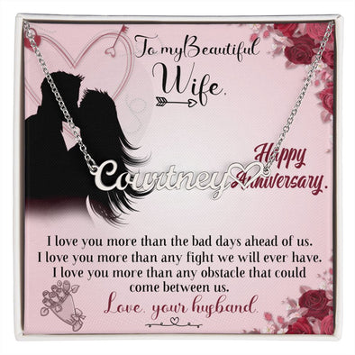 TO MY BEAUTIFUL WIFE HAPPY ANNIVERSARY, CUSTOM NAME WITH HEART NECKLACE, GIFT FOR HER, NECKLACE PENDANT WITH MESSAGE CARD, FOR WIFE FROM HUSBAND